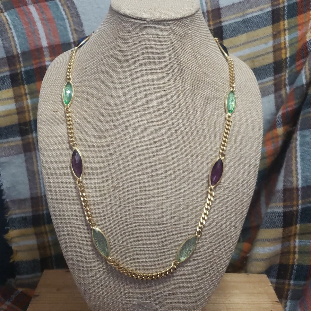 Vintage gold tone, colored cut glass, necklace